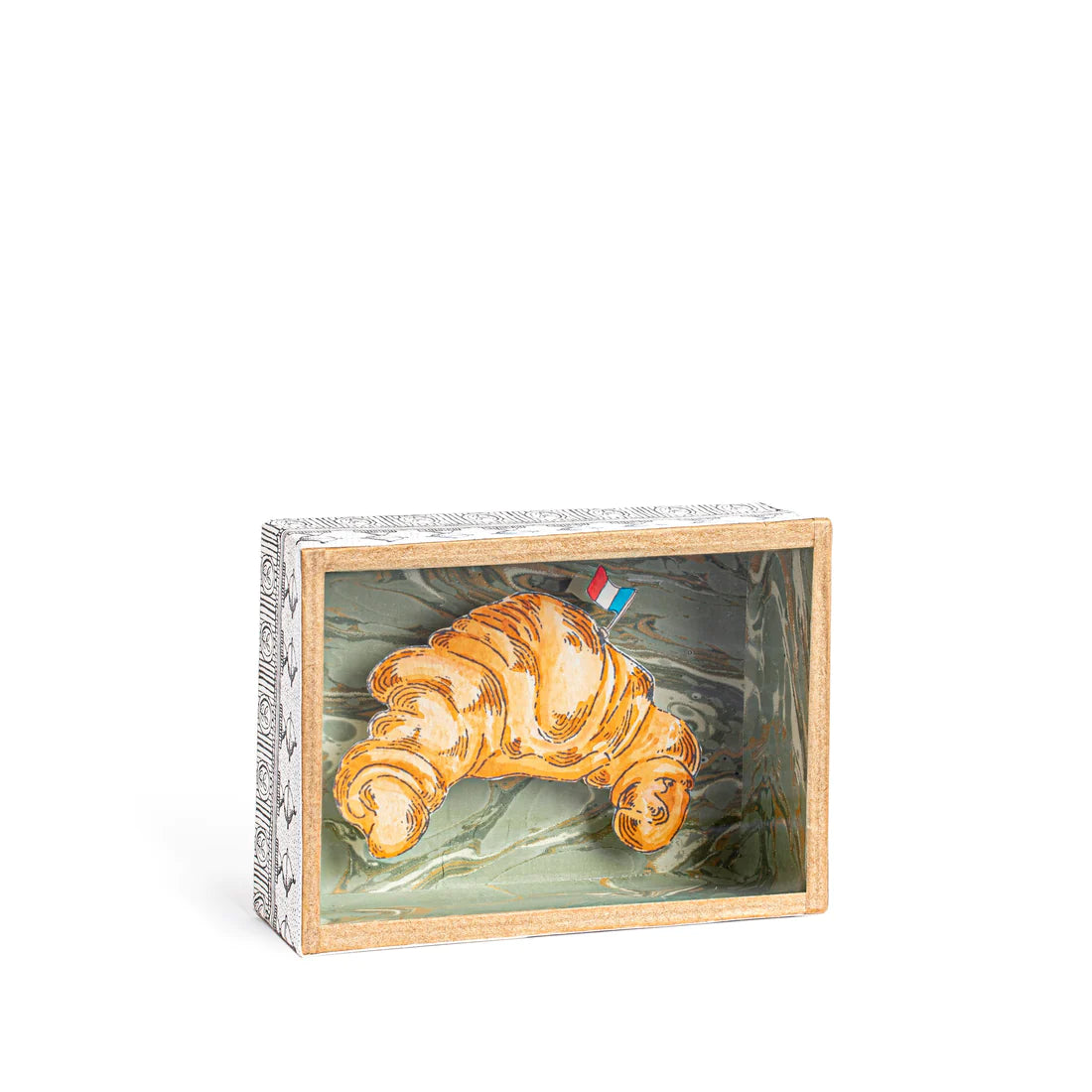 Petite Croissant Shadow Box – Hand-Painted 3D Art by Marin Montagut. Front View. Class screen with hand crafted crossaint inside 