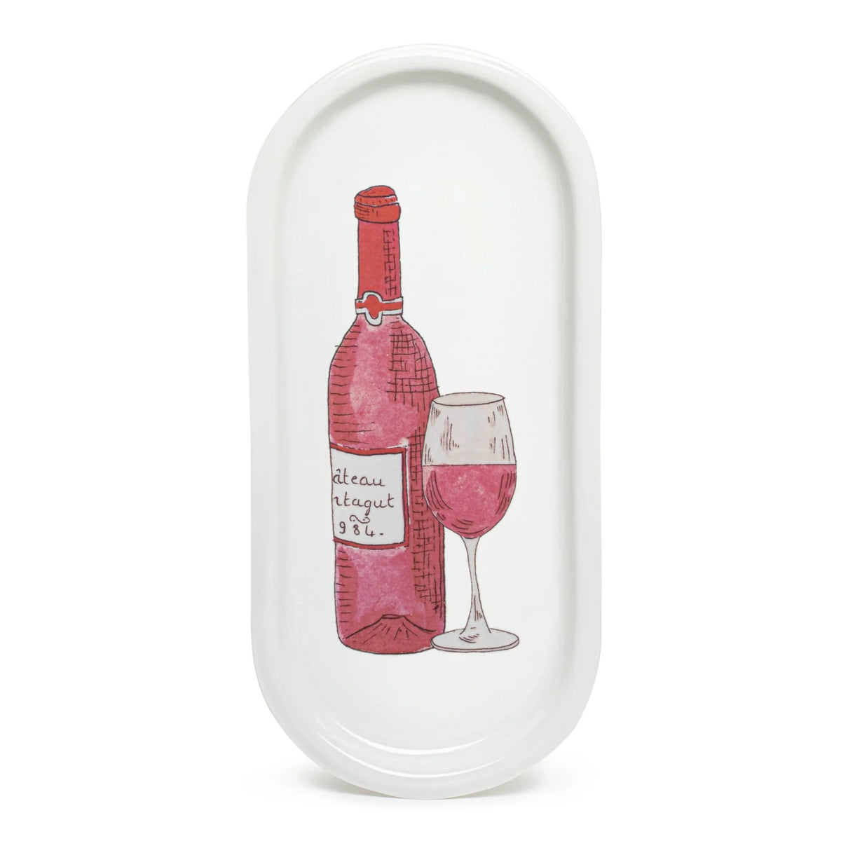 The Red Wine Bottle Tray features a hand-painted Wine glass and bottle illustration on high-quality enameled porcelain. This beautifully crafted tray, made using traditional plaster molds, showcases intricate craftsmanship and design. The tray is dishwasher safe for easy care and maintenance. The image highlights the elegant 14-inch length and 6-inch width of the tray, with the delicate illustration applied by hand in the Parisian workshops of Marin Montagut.