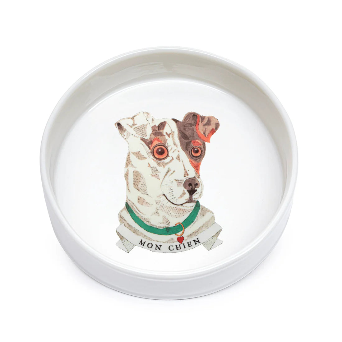 Mon Chien or "My Dog" Ramekin from the front view. Dog resembles a jack russel and is wearing a green collar. 