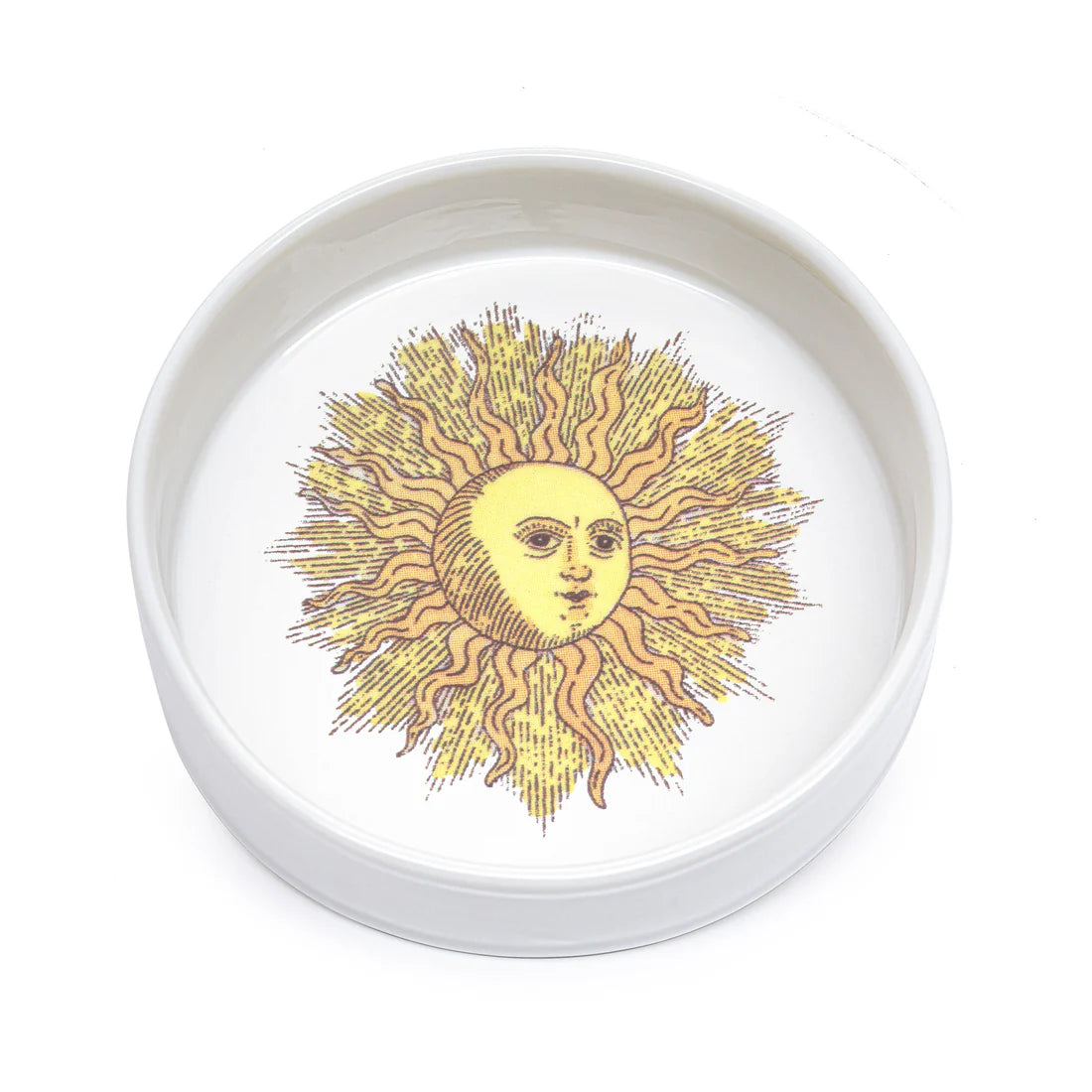 "Front view of the Sun Ramekin featuring unique hand-applied illustrations and enameled porcelain craftsmanship."