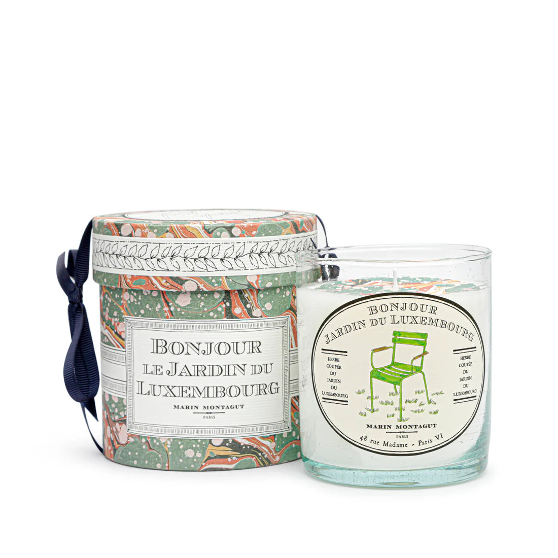 "Bonjour Luxembourg Candle by Marin Montagut, with a fresh cut grass fragrance. Hand-poured in Perche, France in mouth-blown glass, with a 60-hour burn time. Includes a map of Sicily to color."