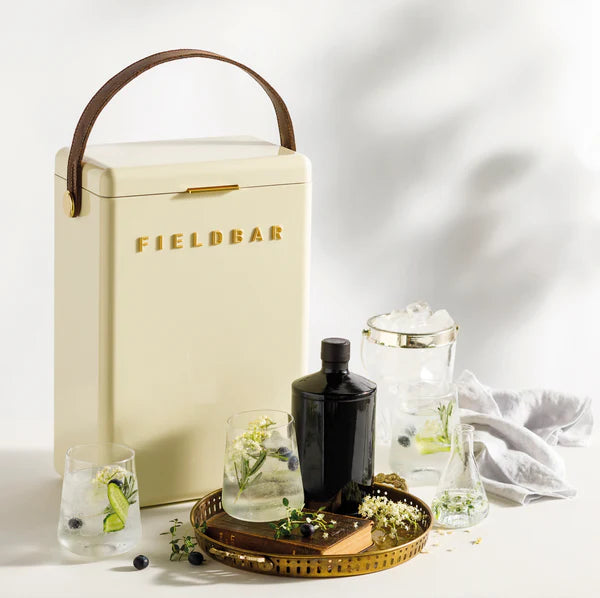 FIELDBAR Drinks Box hardcase cooler with leather handle and brass-coated hardware, showcasing its sleek design and Pantone 10C color, placed on an outdoor surface. Drinks Box / Safari White