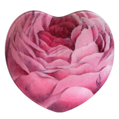 "John Derian Pink Rose 8” Heart Dish, handmade to order in NYC, collaged paper under handblown glass, pink rose design."