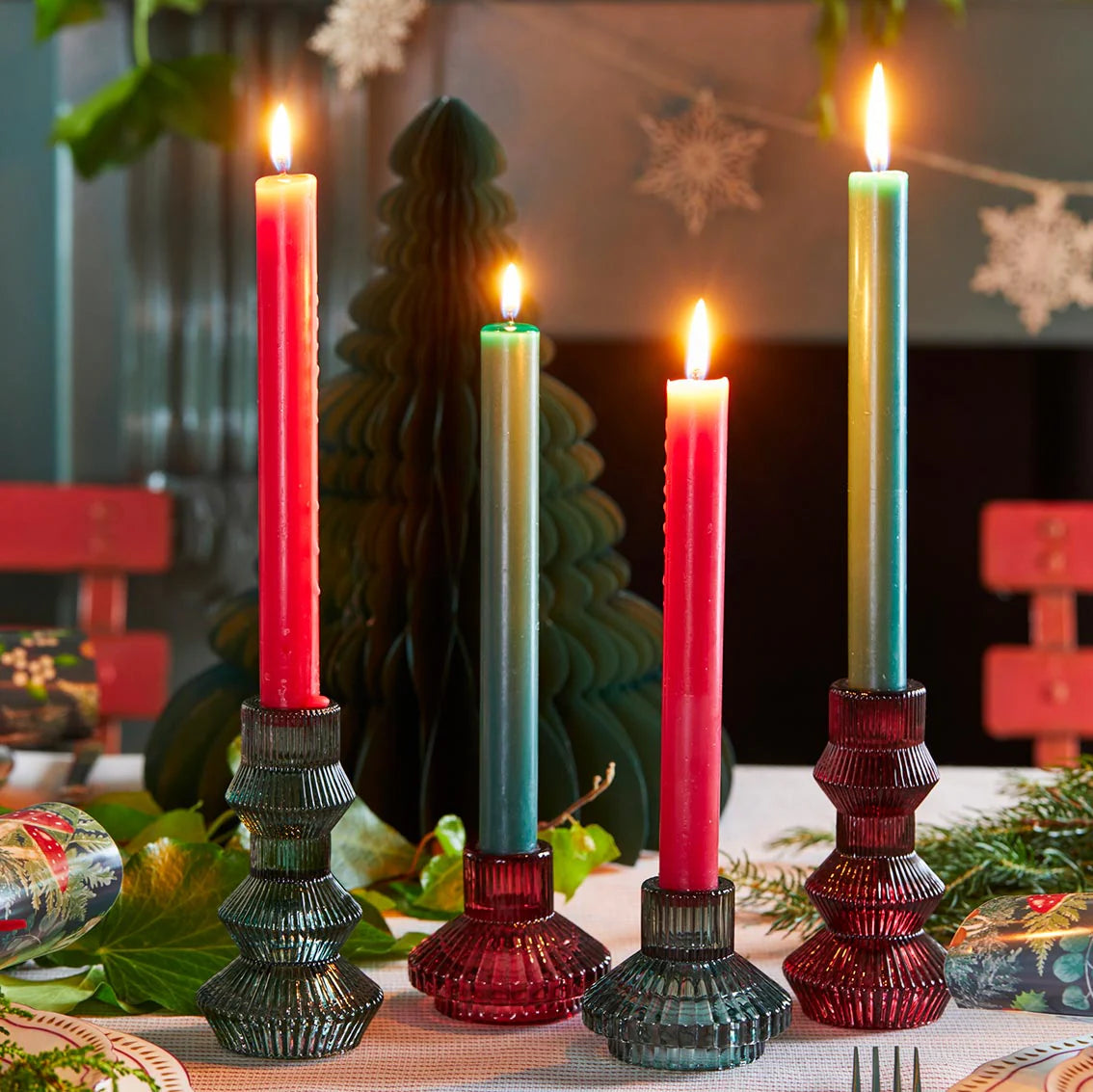 staged sage green small glass candlestick holder 