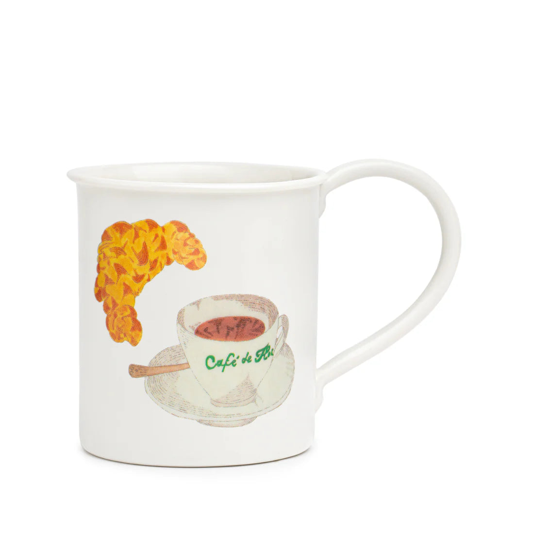 "Handcrafted Cafe Croissant Mug by Marin Montagut in enameled porcelain, available in small, medium, and large sizes, showcasing Parisian artistry."