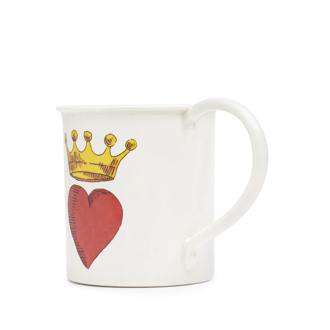 Side view of the Crowned Heart Mug by Marin Montagut, emphasizing its shape and fine porcelain material.