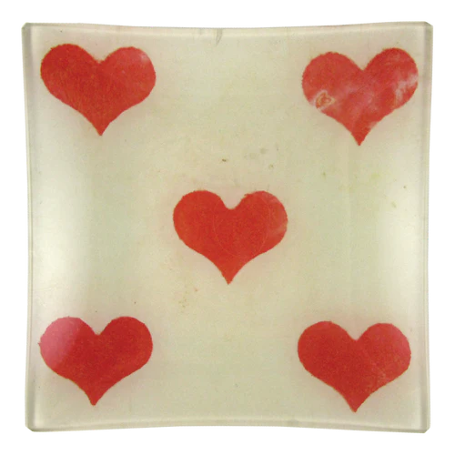  "John Derian 5 of Hearts Un Vide Poche, 6” square, handmade in NYC, collaged paper under handblown glass, vintage-inspired design."