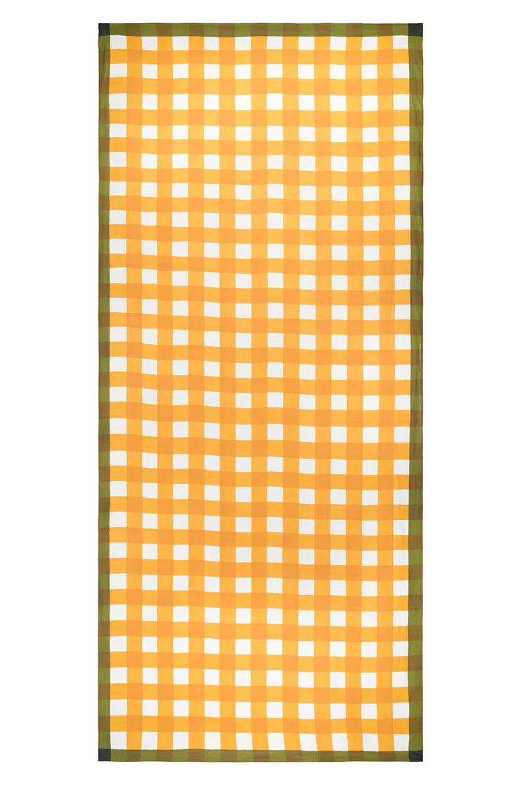 'Gingham' Linen Tablecloth in Mustard Yellow with Avocado Green Trim