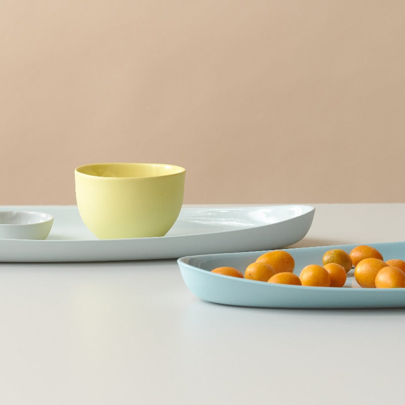 porcelain, designed for serving fish, snacks, or dips. Features a smooth, stone-like exterior and clear glazed interior.