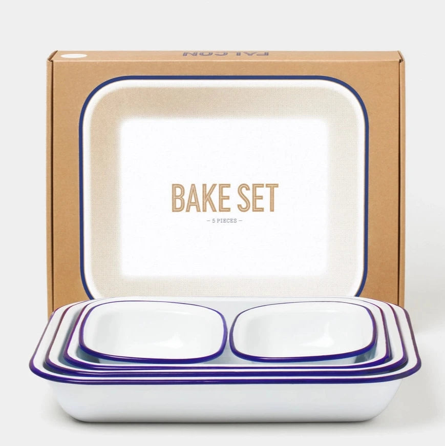 Falcon Enamel Bakeware Set with 5 durable pieces, perfect for roasting, baking, and serving a variety of dishes.