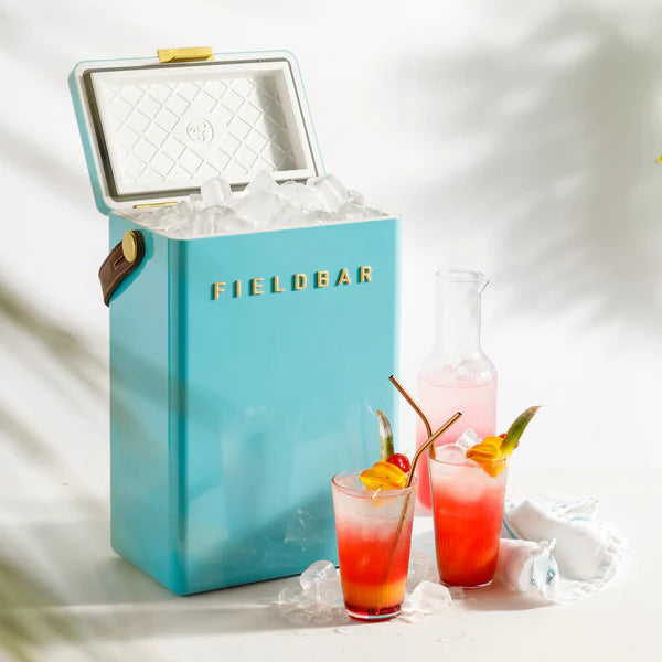 FIELDBAR Drinks Box hardcase cooler with leather handle and brass-coated hardware, showcasing its sleek design and Pantone 2241 color, placed on an outdoor surface.