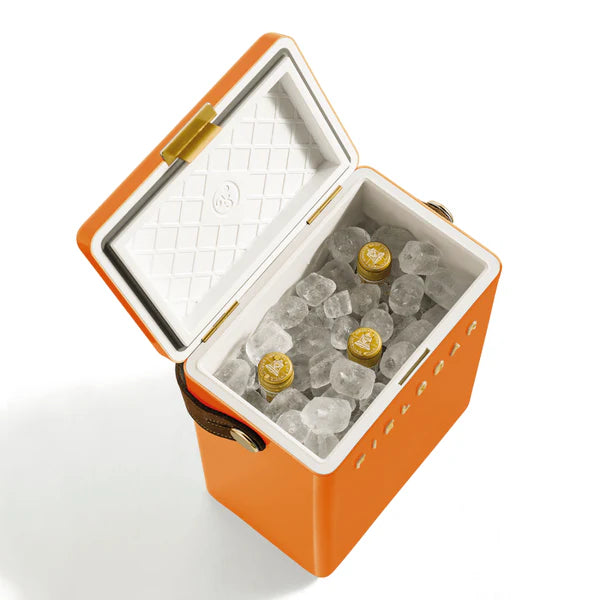 FIELDBAR Drinks Box hardcase cooler with leather handle and brass-coated hardware, showcasing its sleek design and Pantone 2025 color, placed on an outdoor surface. Drinks Box /Orchard Orange