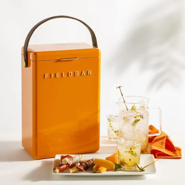 FIELDBAR Drinks Box hardcase cooler with leather handle and brass-coated hardware, showcasing its sleek design and Pantone 2025 color, placed on an outdoor surface. Drinks Box /Orchard Orange