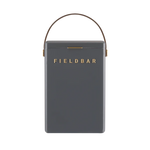 FIELDBAR Drinks Box hardcase cooler with leather handle and brass-coated hardware, showcasing its sleek design and Pantone 10C color, placed on an outdoor surface. Drinks Box / Oyster Grey