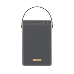 FIELDBAR Drinks Box hardcase cooler with leather handle and brass-coated hardware, showcasing its sleek design and Pantone 10C color, placed on an outdoor surface. Drinks Box / Oyster Grey