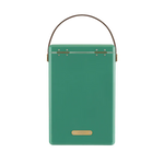FIELDBAR Drinks Box hardcase cooler with leather handle and brass-coated hardware, showcasing its sleek design and Pantone 10C color, placed on an outdoor surface. Drinks Box / parisian green