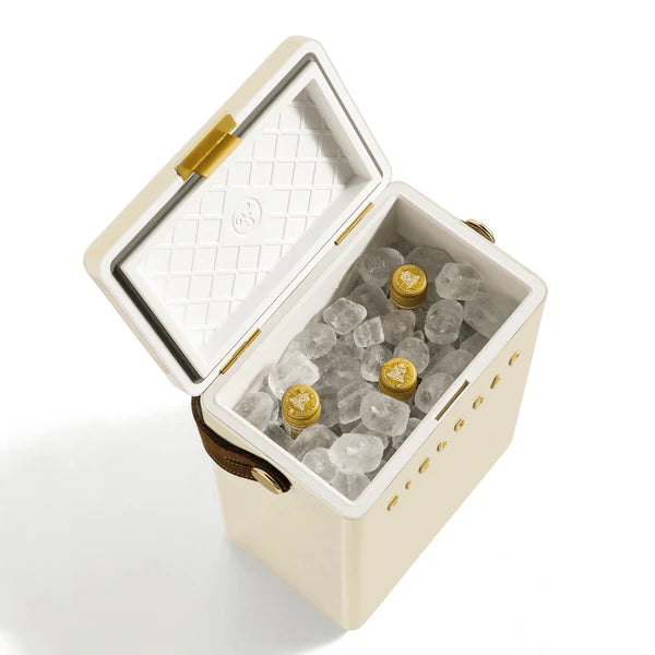 FIELDBAR Drinks Box hardcase cooler with leather handle and brass-coated hardware, showcasing its sleek design and Pantone 10C color, placed on an outdoor surface. Drinks Box / Safari White