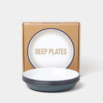 Falcon Enamel Deep Plates with classic design, durable steel, and enamel coating, perfect for serving meals or storage.