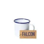 Falcon Enamel Mug with durable steel and enamel construction, perfect for tea, coffee, or hot chocolate.