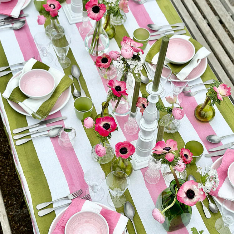 Stripe Linen Tablecloth in Rose Pink & Avocado Green