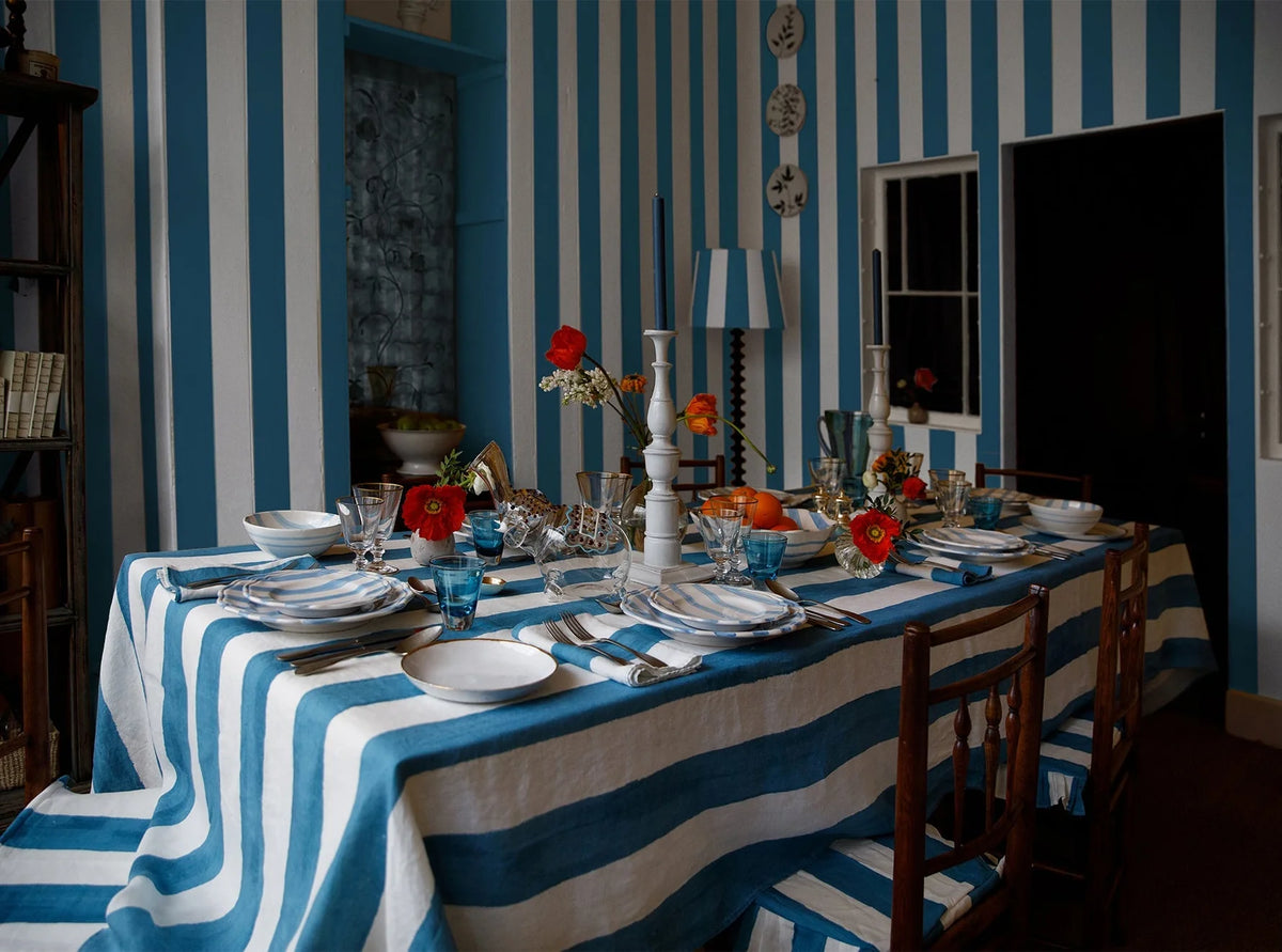 Stripe Linen Tablecloth in White & Blue