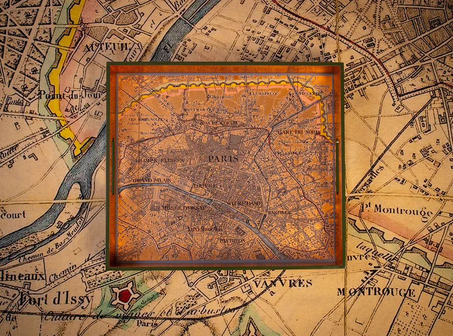 Tray Lacquered Rect Paris Map Gold Leaf 16"x14"x2"
