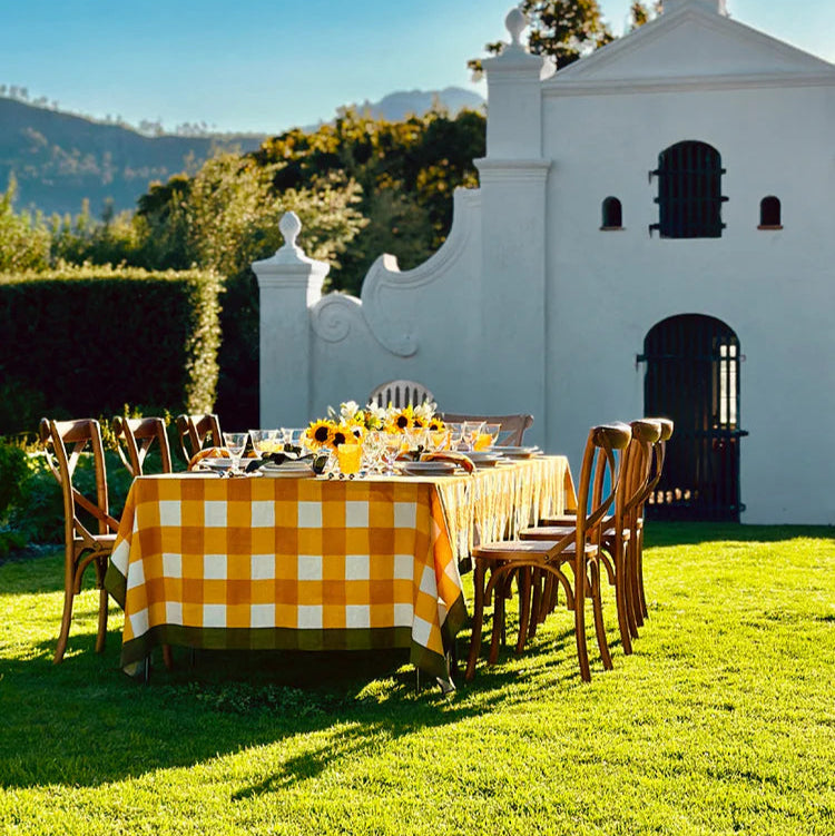 'Gingham' Linen Tablecloth in Mustard Yellow with Avocado Green Trim