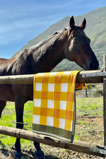 Tablecloth 'Gingham' Linen Mustard Yellow with Avocado Green Trim