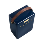 FIELDBAR Drinks Box hardcase cooler with leather handle and brass-coated hardware, showcasing its sleek design and Pantone 10C color, placed on an outdoor surface. Drinks Box / Sea Boat Blue