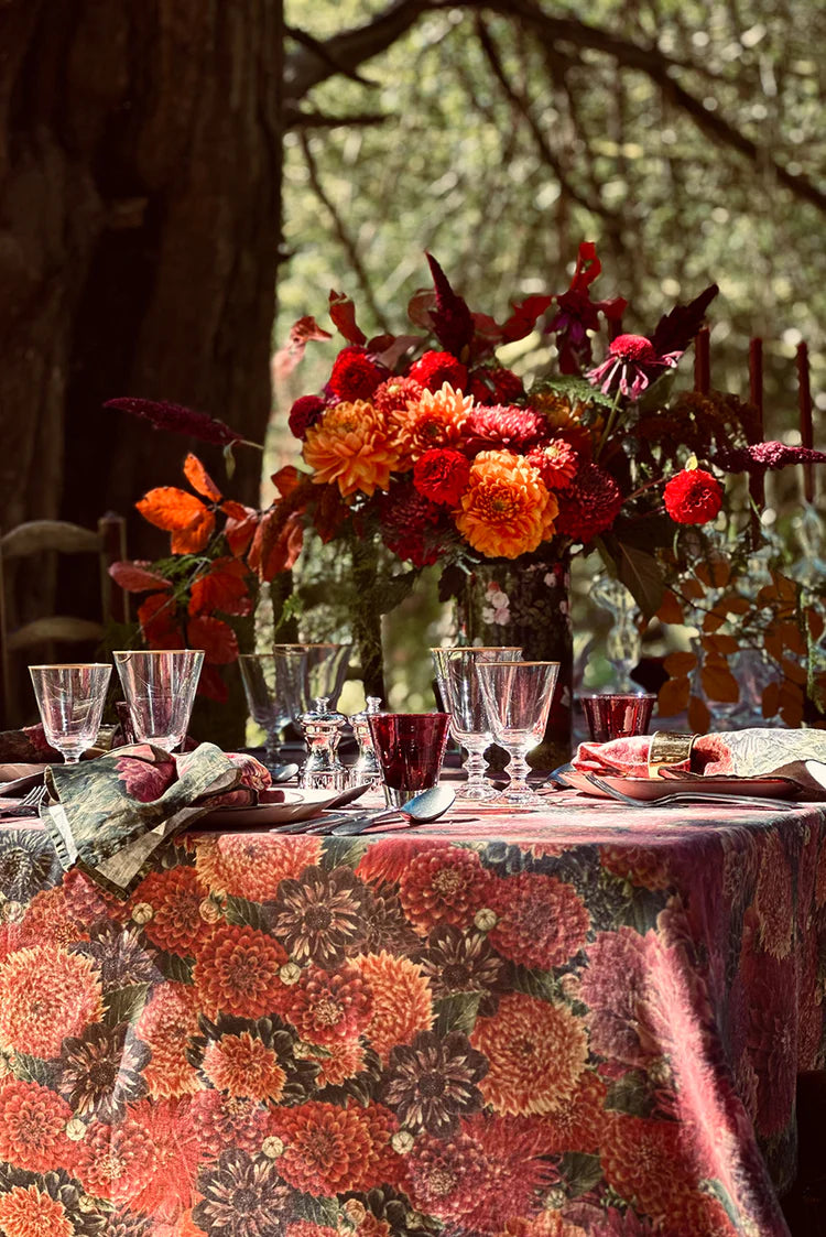 Dahlia Linen Tablecloth in Red & Purple 65"x98"